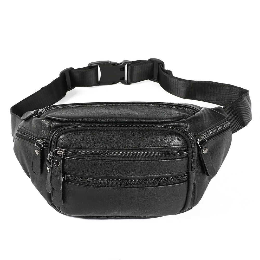 Black Leather Fanny Pack for Men & Women, Fashionable Multi-Pockets